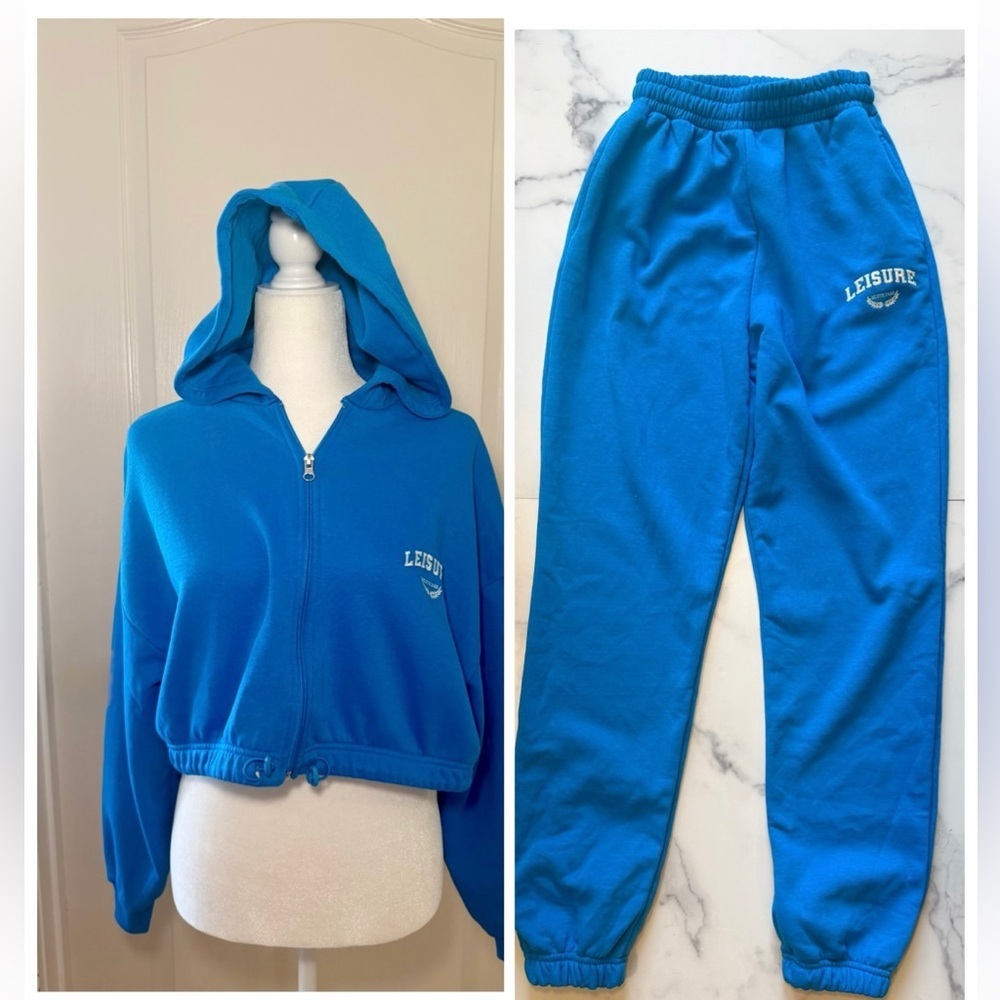 Boohoo Blue Cropped Hoodie & Sweatpants Set Athleisure Travel Set M/S NWT